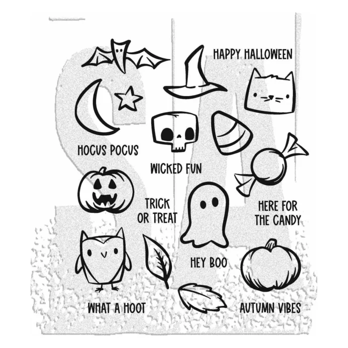 CMS468 Stampers Anonymous Tim Holtz Cling Stamp Tiny Frights stempel stempler kat ugle spøgelse græskar heksehat flagermus måne stjerner ugler blade katte candycorn