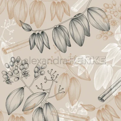 P-AR-10.3313 Alexandra Renke designpapir Cinnamon Floral and Spicy Greige kanel blade bladgrene blomster karton papir lysebrun