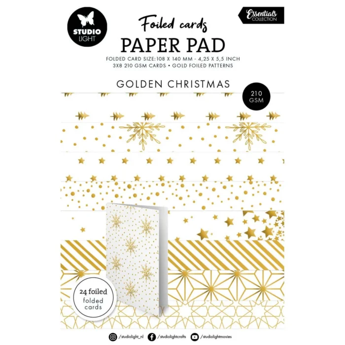 SL-ES-PP222 Studio Light essentials Foiled Cards Golden Patterns kortbaser med guldfolie juletræ snefnug stjerner